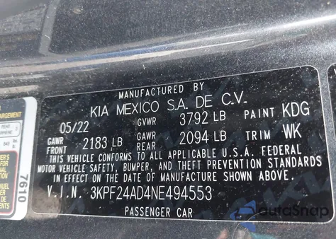 2022 Kia Forte Lxs from USA, damaged, VIN 3KPF24AD4NE494553